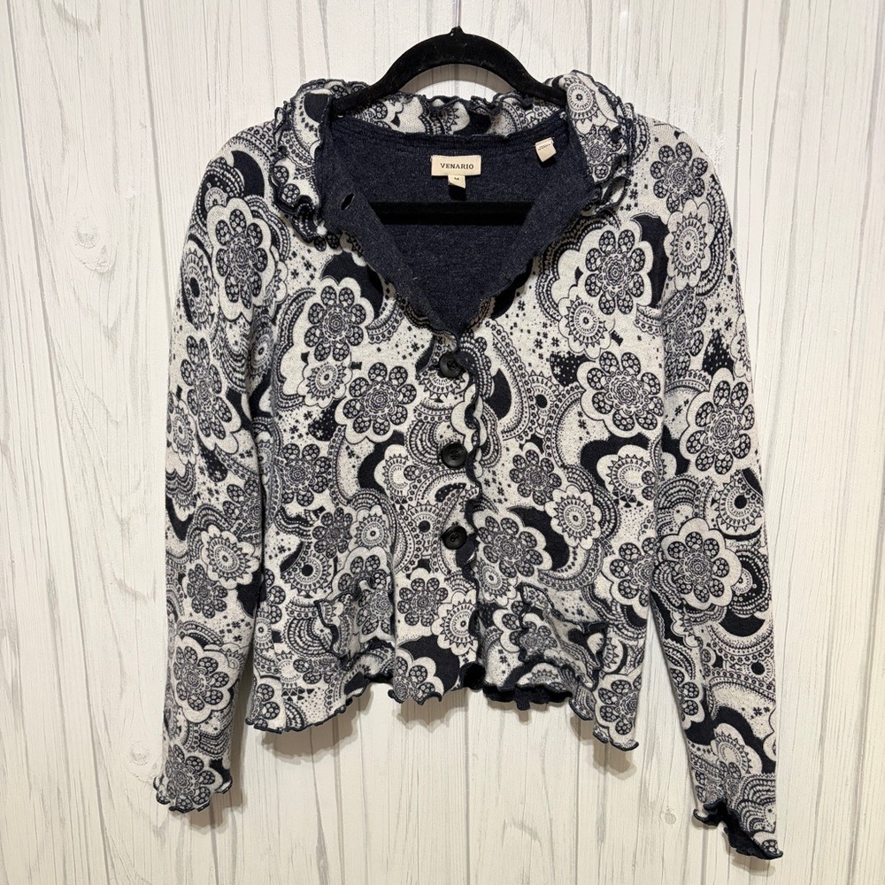 VENARIO Cotton Wool Angora Floral Paisley Cardigan, M, Ruffle Lettuce‎ Edge Boho